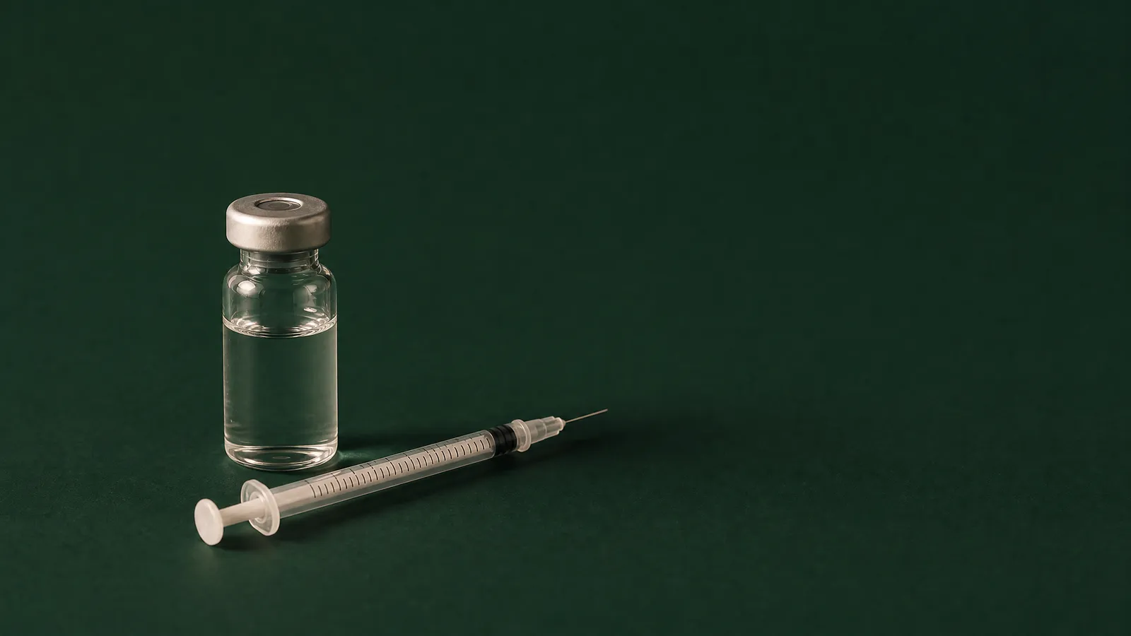 Studio still life: an unlabelled glass vial and an insulin syringe with unit tick marks