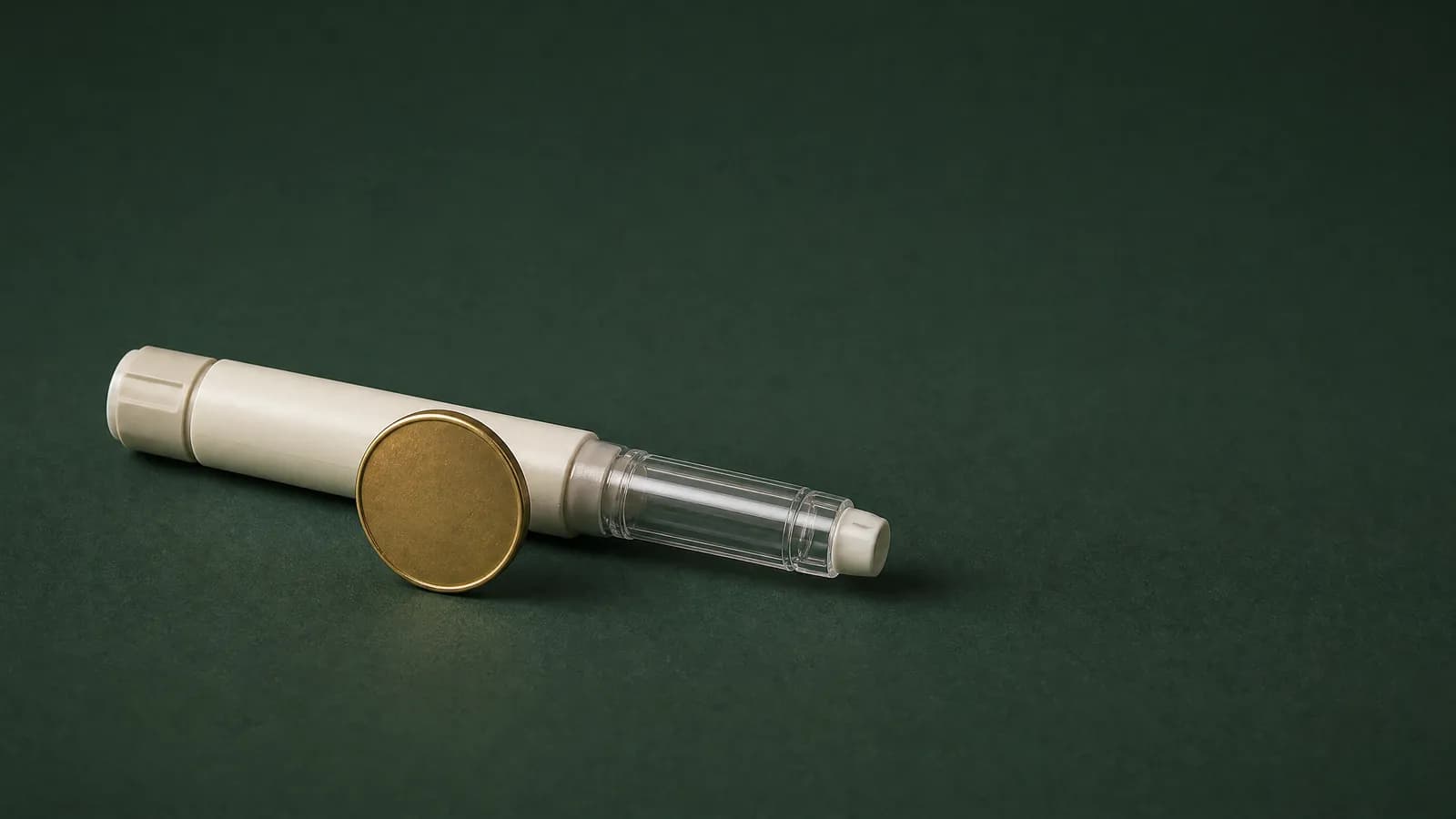 Studio still life: a plain coin standing on its edge in front of an unbranded pen injector