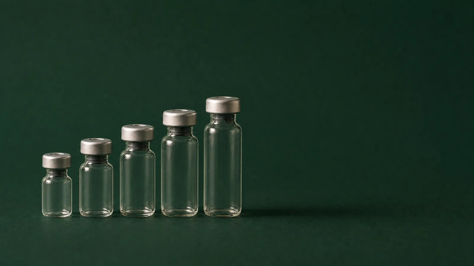 Studio still life: five glass vials in a row, each slightly taller than the last