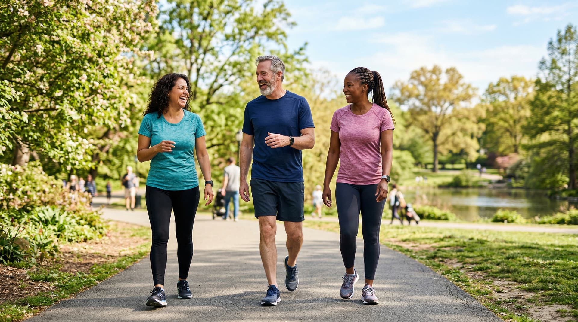 Group of people walking together in a park, embracing a healthy lifestyle