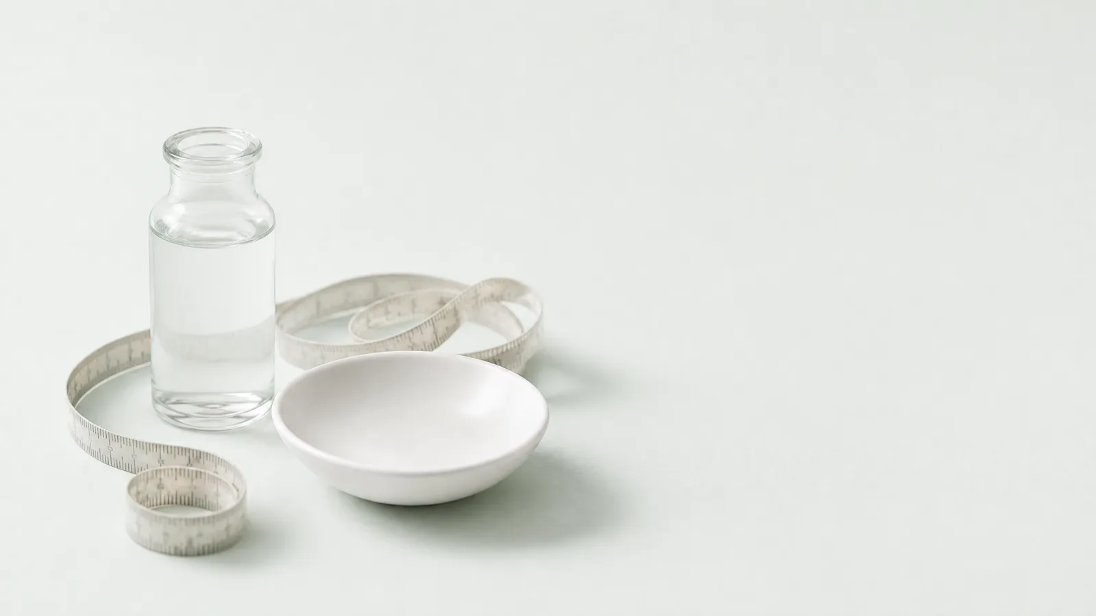 Studio still life: a loosely coiled measuring tape beside a small white dish