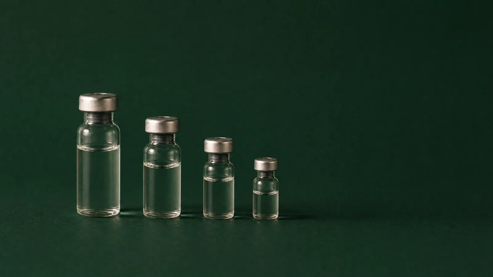 Studio still life: four glass vials in a row, descending in height like a bar chart