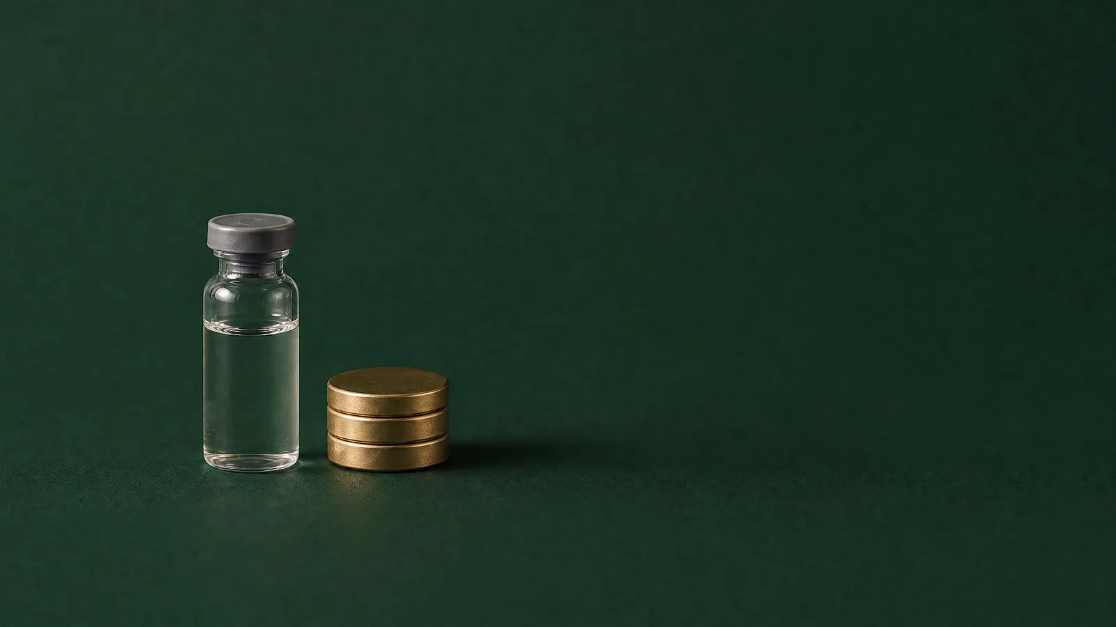 Studio still life: an unlabelled glass vial beside a short stack of three plain coins