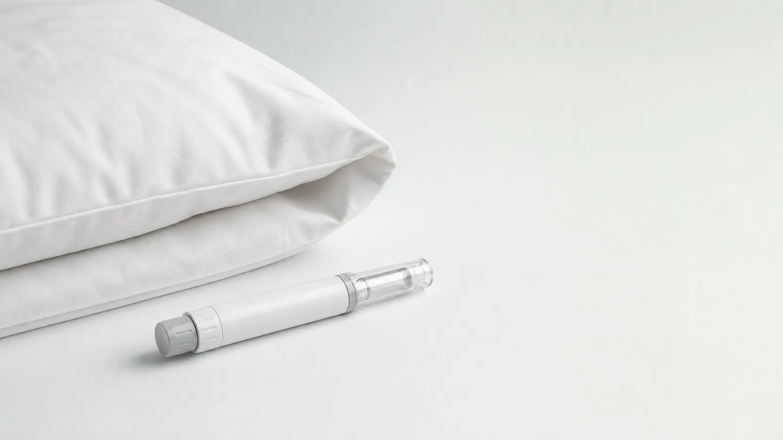 Studio still life: the corner of a white pillow with an unbranded pen injector in front of it